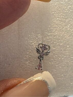 Nose Ring- 20G Pink Stainless Steel Stud Nose Ring Heart  Dangler
